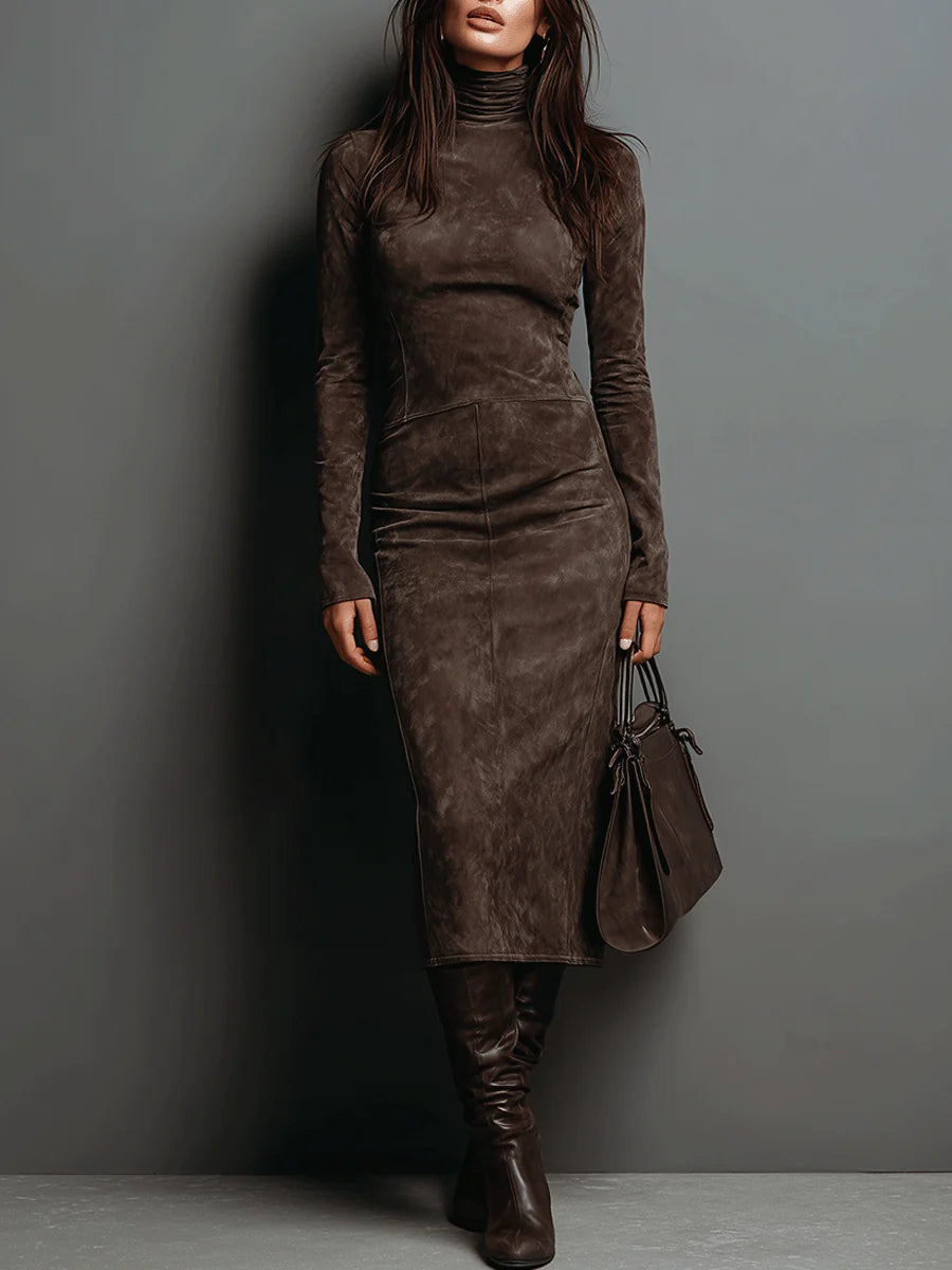 Ilaria - Midi Dress in Suede with High Neck and Long Sleeves