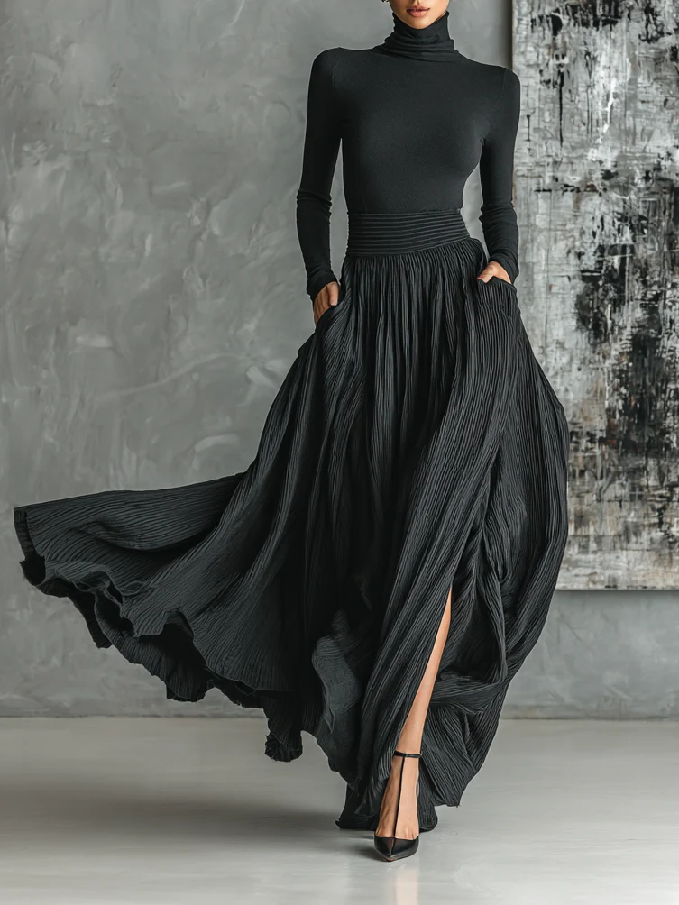 Michela - Pleated Skirt and Black Long-Sleeved Fitted T-Shirt Set