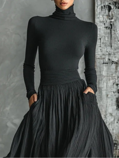 Michela - Pleated Skirt and Black Long-Sleeved Fitted T-Shirt Set